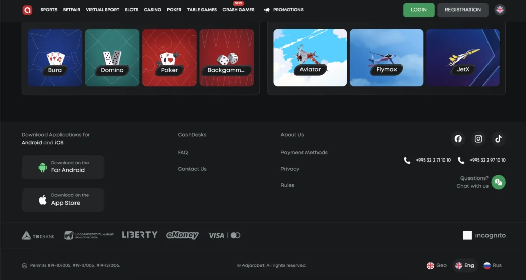 Adjarabet website interface showing mobile app download links, footer navigation and payment method logos.